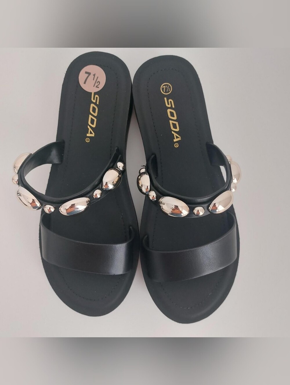 Soda Black Slide Sandals with Gold-Tone Oval Studs